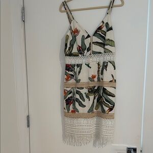 PatBO Tropical Print Mini Dress with Fringe
